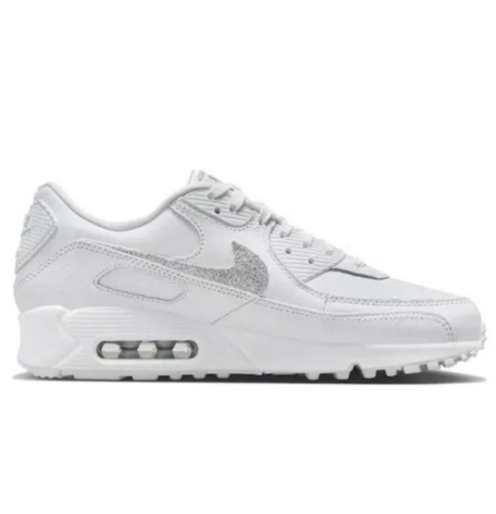 Women's Sz 8.5 Nike Air Max 90 SE Silver Glitter Swoosh Sneakers See All Photos